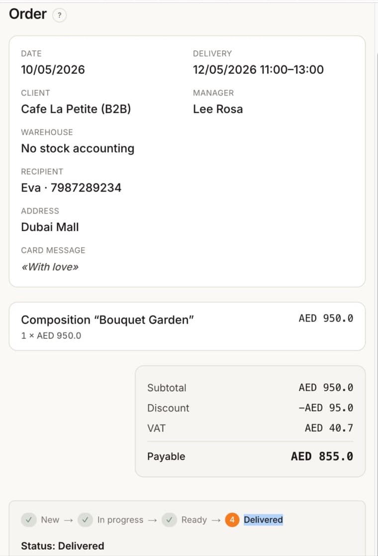 Order card in CRM